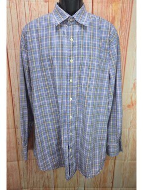 Peter Millar Mens Blue/Orange Plaid Dress Shirt XL